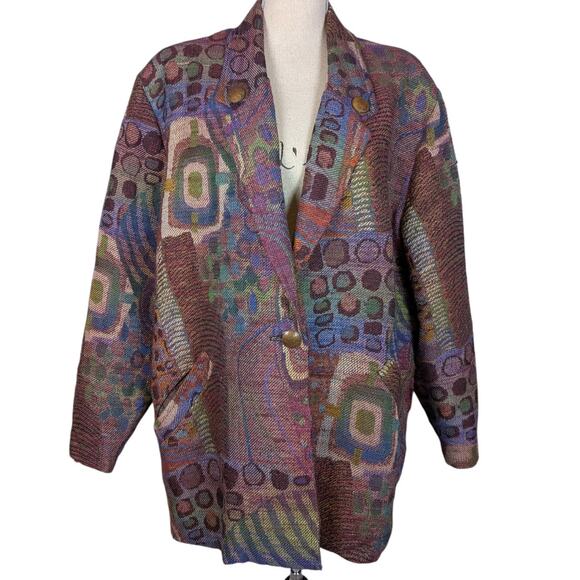 90s Vintage Tapestry Oversized Abstract Print Blazer Green Red Multicolor Large - Picture 2 of 16